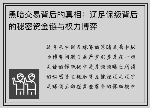 黑暗交易背后的真相：辽足保级背后的秘密资金链与权力博弈