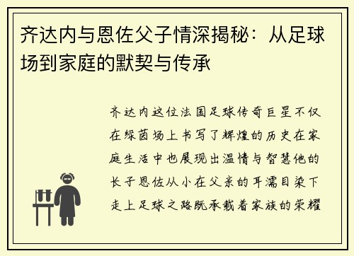 齐达内与恩佐父子情深揭秘：从足球场到家庭的默契与传承
