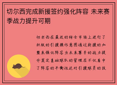 切尔西完成新援签约强化阵容 未来赛季战力提升可期