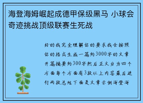 海登海姆崛起成德甲保级黑马 小球会奇迹挑战顶级联赛生死战