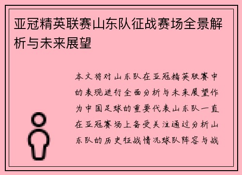 亚冠精英联赛山东队征战赛场全景解析与未来展望 亚冠精英联赛山东队征战赛场全景解析与未来展望